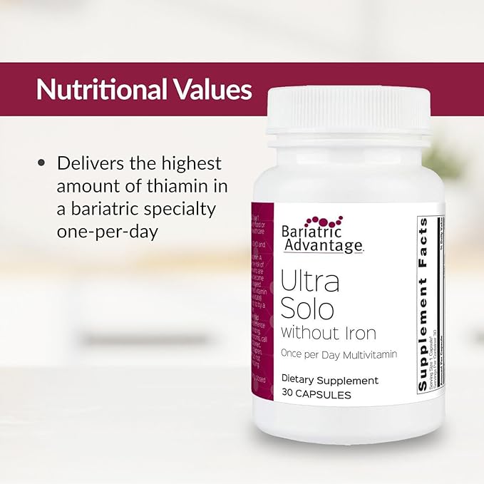 Bariatric Advantage Ultra Solo Without Iron - Once-Per-Day Daily Multivitamin - for Bariatric Patients - with Thiamin Vitamin A &amp More - Gluten Free - 30 Capsules
