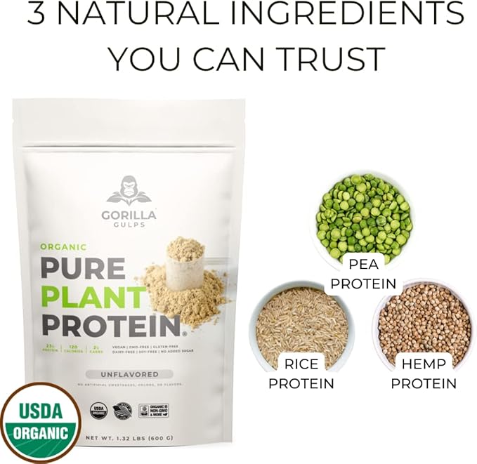 Gorilla Gulps 100% Organic Pure Plant Protein Powder | USDA Certified | Organic Protein Powder | Vegan | Non-GMO | Sugar Soy Dairy &amp Gluten Free | 20 Servings - Unflavored