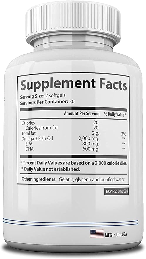 Fish Oil 2000 mg Omega-3 Fatty Acids EPA and DPA Daily Supplement for Men and Women Advanced Formula to Support Heart Eye Bone Joint Health Made in USA 60 Soft Gel Capsules (5pk)