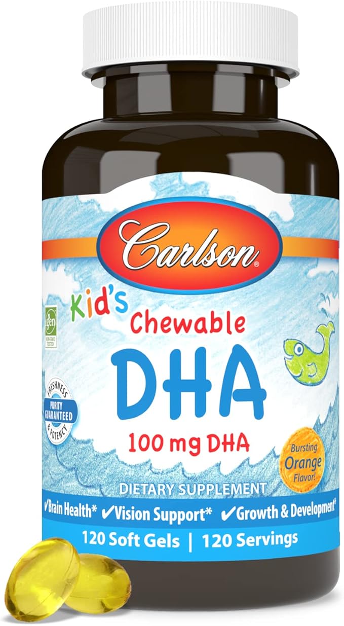 Carlson - Kid's Chewable DHA 100 mg DHA Brain Health Vision Function Growth &amp Development Orange 120 Chewable Softgels