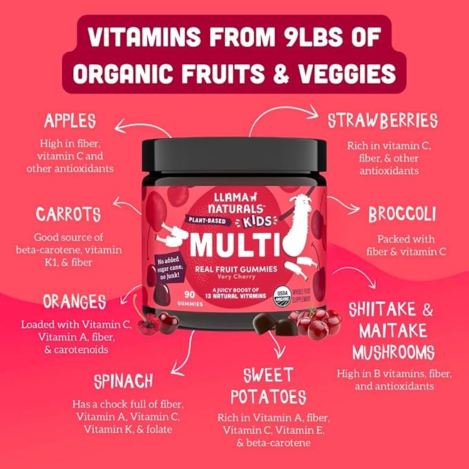 Llama Naturals Kids Multivitamin Gummies | Real Fruit No Added Sugar Cane | Organic Vegan Toddler Whole Food Vitamins | Vitamin D C &amp Beta Carotene Gummy Supplement | Cherry 180 Ct (2-3 Months)