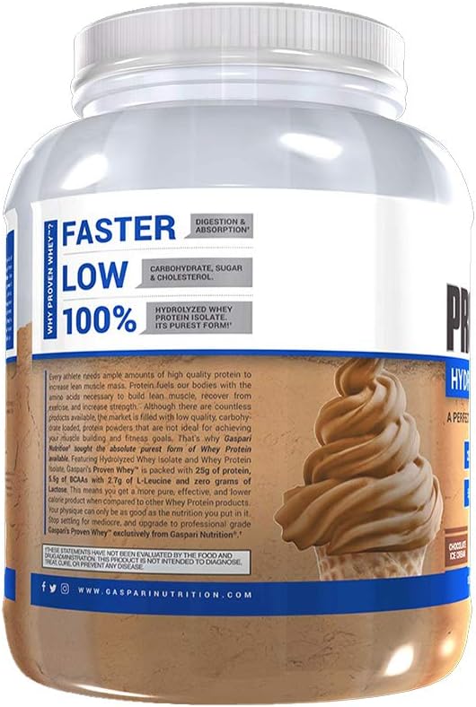 Gaspari Nutrition Proven Whey 100% Hydrolyzed Whey Isolate High Protein Lactose Free Low Carbohydrate and Low Sugar (4lb Chocolate Ice Cream)
