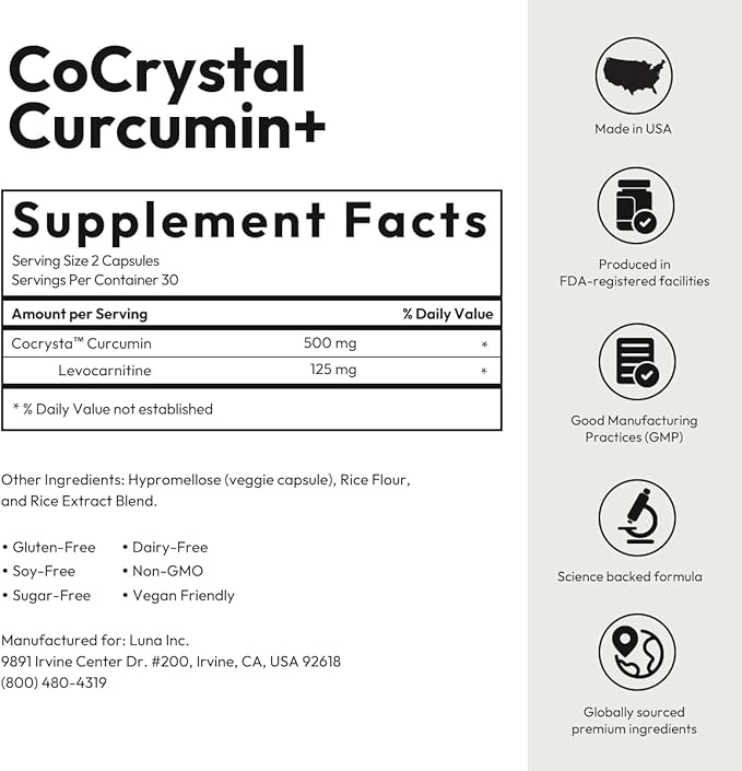 BIGVITA CoCrystal Curcumin+ | 60x Absorption with Curcumin &amp L-Carnitine | Dietary Supplement for Daily Wellness | 60 Capsules | Made in USA