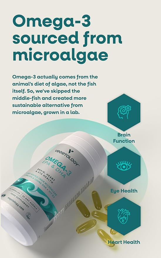 Vegan Omega 3 Supplement (60 Capsules) – Omega-3 EPA Vitamin D3 &amp DHA Supplements - Algae Omega 3 Vegan Supplements for Brain Eye &amp Heart Health – Omega 3 for Kids &amp Adults