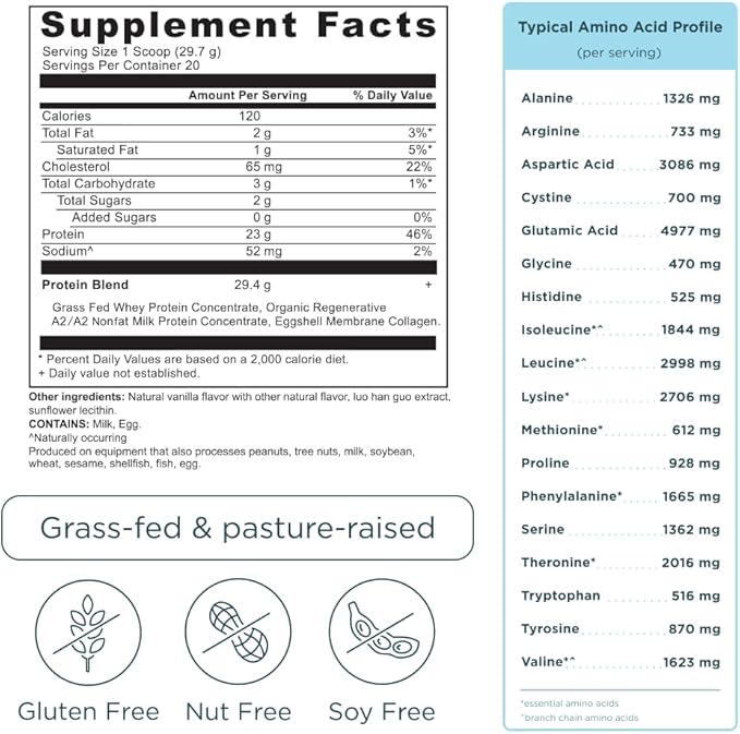 Ancient Nutrition Grass Fed Whey Protein Vanilla Bean 23g Protein 20 Servings Hydrolyzed Collagen Peptides Organic Regenerative A2/A2 Milk Protein
