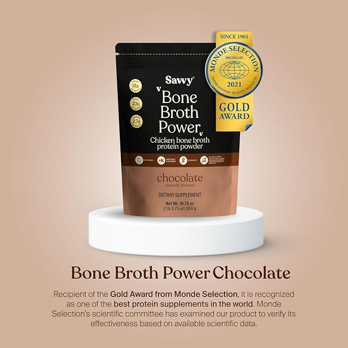 SAVVY Bone Broth Power Chocolate Protein Powder 23g Protein 12g Collagen &amp Gut Balance Probiotics for Women &amp Men 15 Billion CFU 7 Clinically Studied Strains Digestive Health Immune Supp