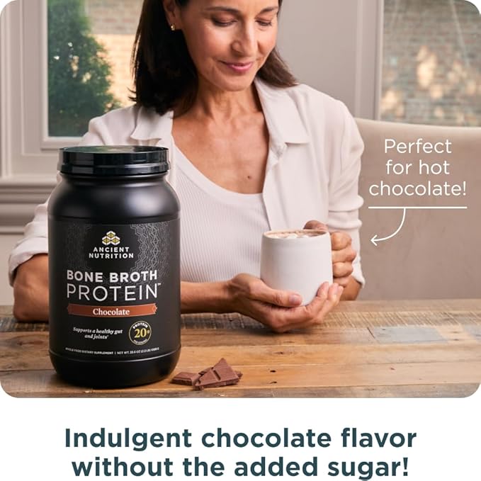 Ancient Nutrition Grass Fed Cage Free Bone Broth Protein Powder 20g Protein Hydrolyzed Collagen Peptides Keto &amp Paleo Friendly Supports Joint Gut Health Chocolate 40 Servings