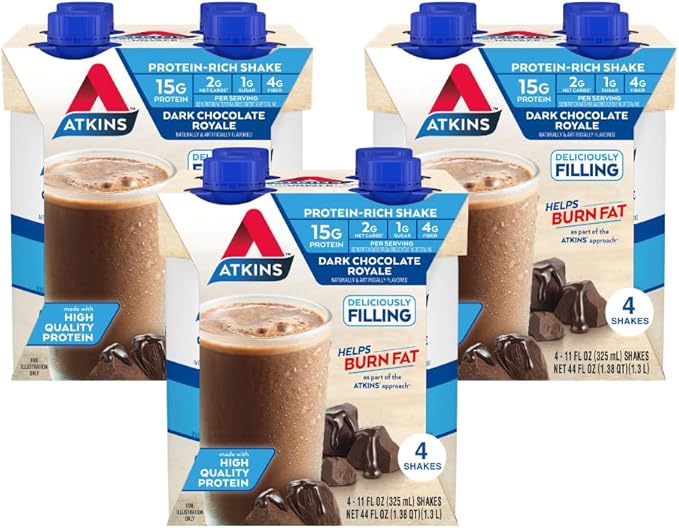 Atkins Vanilla Cream Meal Size Protein Shake 23g Protein Low Glycemic &amp Dark Chocolate Royale Protein Shake 15g Protein Low Glycemic 2g Net Carb 1g Sugar Keto Friendly 12 Count