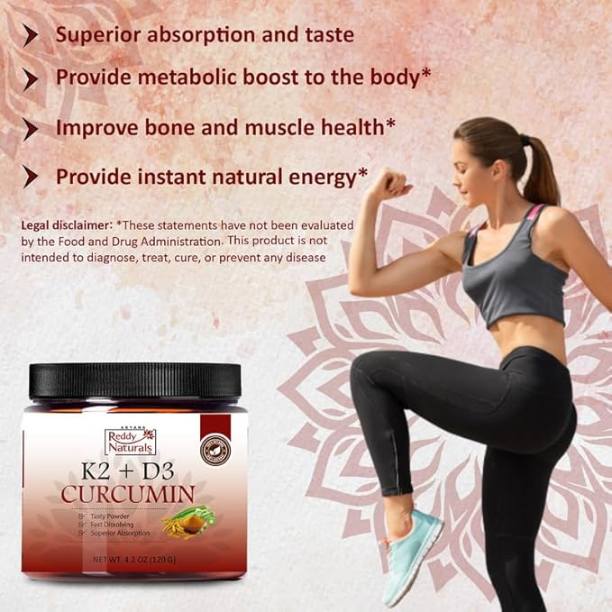 Reddy Naturals Vitamin K2 D3 with Turmeric Curcumin – Vitamin K2 + D3 Supplement Powder for Daily Wellness Plant-Based Nutrition &amp Clean Natural Ingredients – Premium Turmeric K2 D3 Blend (120 g)