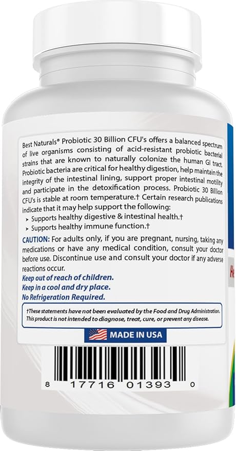 Best Naturals Probiotic 10 Strains &amp 30 Billion CFU Intestinal Flora 120 Veggie Capsules - Shelf Stable probiotic (4146365)