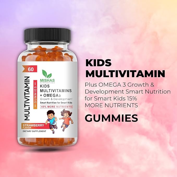 Mishas Nutraceuticals Kids Multivitamin Gummies with Omega 3 Fish Oil (EPA/DHA) Vitamin D3 C B12 B6 Vitamin A K &amp Zinc Immune Support Gluten-Free Three Fruit Flavors 60 Count (30-Day Supp