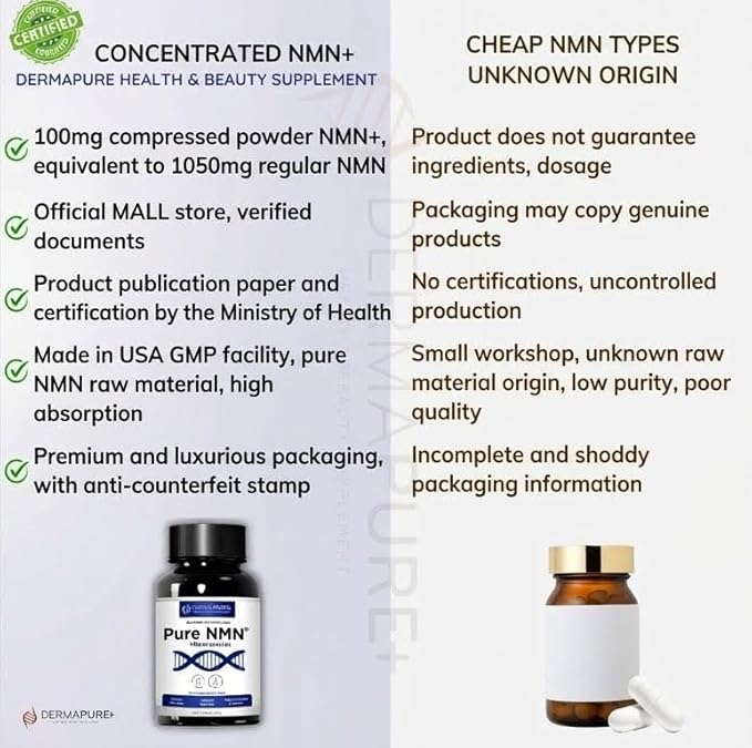 Dermapure NMN+ Supplement 4-in-1 – Support Youthful Skin Longevity Anti-Aging Reduces Fine Lines &amp Wrinkles Supports NAD+ Levels GMP Certified &amp FDA Registered – 60 Capsules (1 Pack)