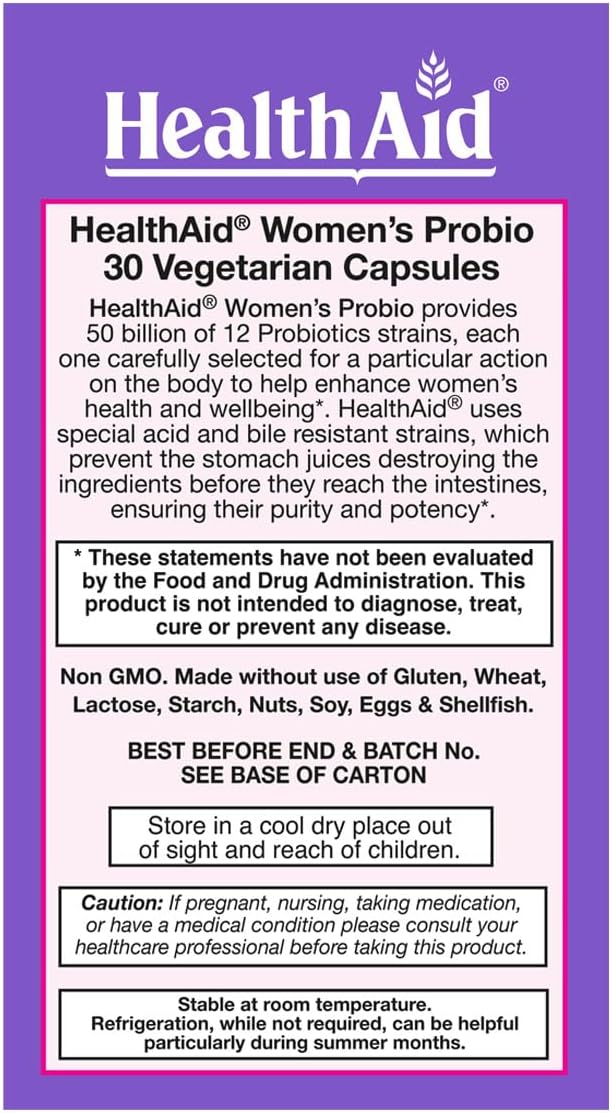 HealthAid Women's Probiotic 50 Billion CFU + Prebiotic 30‑Count Daily Capsule │ Acid &amp Bile‑Resistant Gluten‑Free Vegetarian Digestive &amp Feminine Balance Support