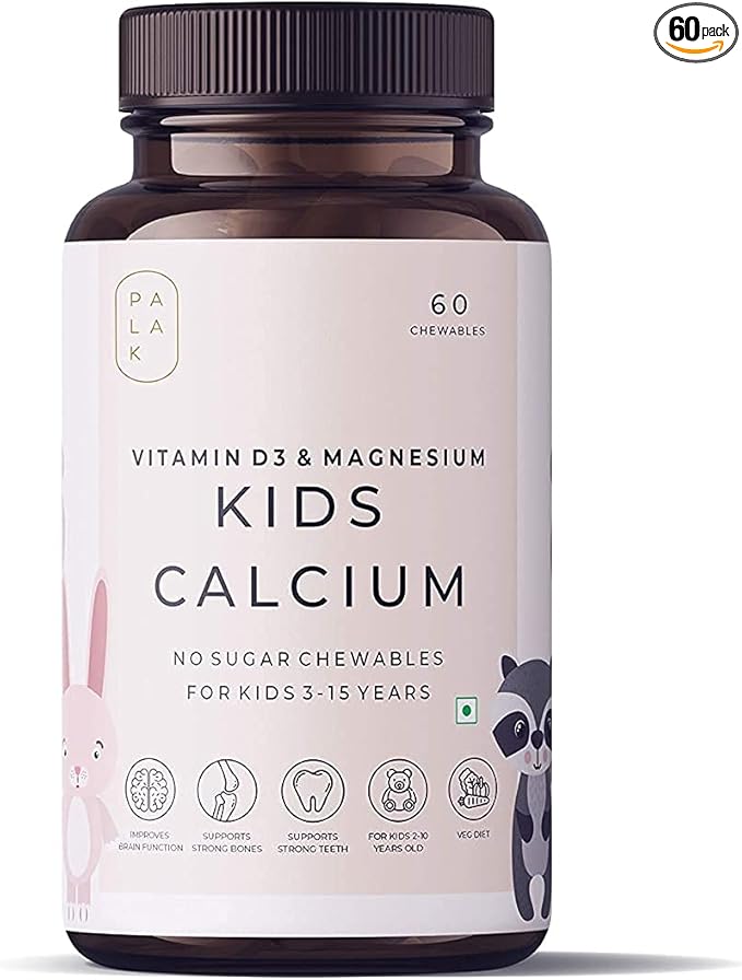 Astha Palak Notes: Kids Calcium with Vitamin D3 K2 and Magnesium | No Sugar Chewables | 60 Chewables