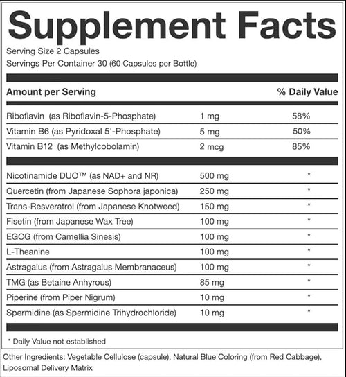 AEON Liposomal NAD+ Longevity Complex with NAD+ NR Resveratrol Quercetin Fisetin L Theanine TMG EGCG Spermidine Astragalus Anti-Aging Supplement Vegan 60 Capsules