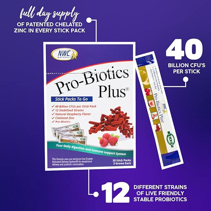 NWC Naturals Pro-Biotics Plus Stick Pack of 30 On the Go Pro-Biotic Powder Packets for Men Women &amp Kids - Immune System Support Natural Probiotic and Prebiotics Supplement