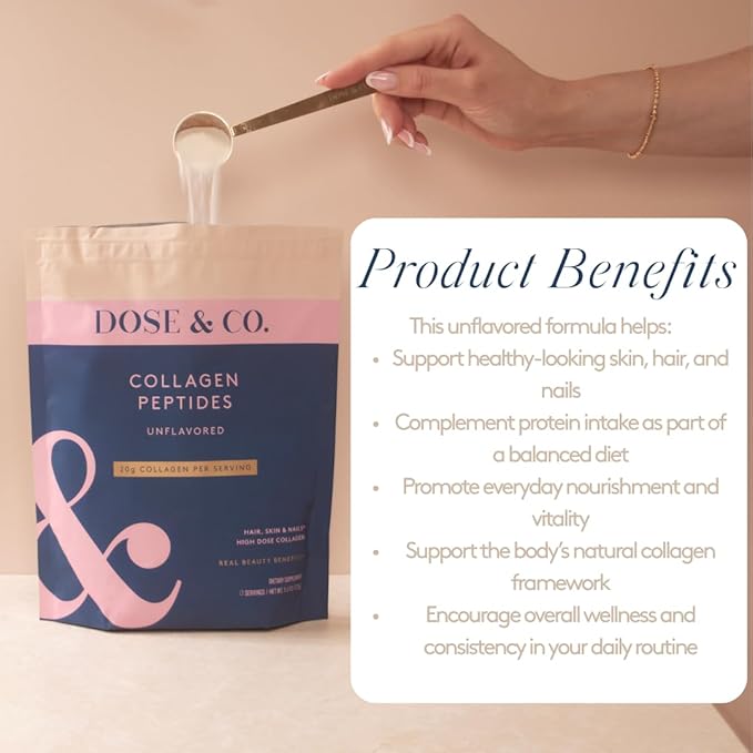 DOSE &amp CO. Pure Collagen Peptides Powder Unflavored 9.6 Oz | Hydrolyzed Bovine Collagen Type I &amp III with 18g Protein - Supports Healthy Hair Skin &amp Nails | Non-GMO Preservative Free