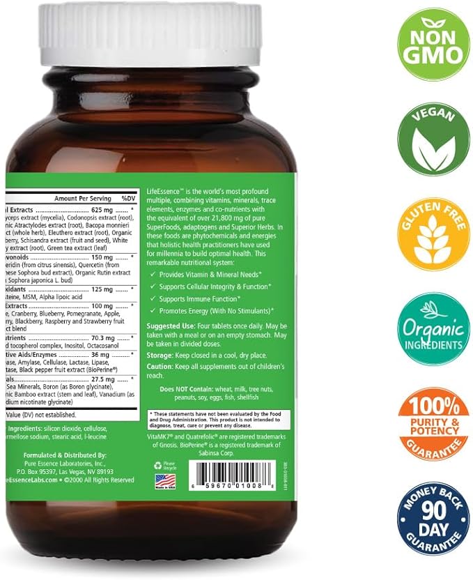 PURE ESSENCE LABS LifeEssence Multivitamin for Women and Men - Natural Herbal Supplement - Vitamin D Vitamin D3 Vitamin B12 Biotin with Whole Foods (240 Tablets)