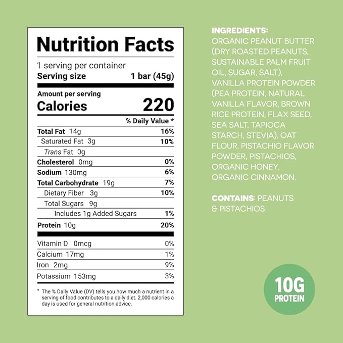FROPRO Snack Bar - Peanut Butter Snack Bars - Gluten Free Dairy Free Soy Free Non GMO Plant Based Protein Snack Bar - Crave-worthy &amp Great On-the-Go | Pistachio Crunch 12 Pack