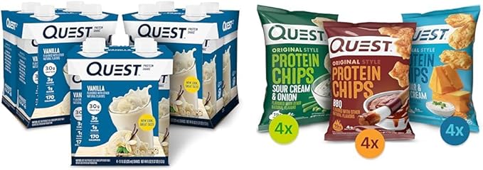 Quest Vanilla Protein Shake High Protein Low Carb Gluten Free Keto Friendly 11 Fl.Oz 4 Count (Pack of 3) &amp Quest Nutrition Protein Chips Variety Pack (BBQ Cheddar &amp Sour Cream Sour Cre
