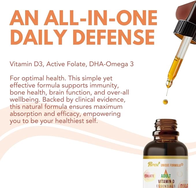 Adults Health Essentials Drops - Liquid DHA Omega 3 Natural Vitamin D3 1000 IU Folate Supplement Supports Heart Brain Eyes &amp Joint Health Supplement for The Whole Family