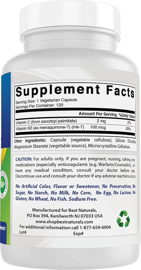Best Naturals MK-7 Vitamin K2 100 mcg 120 Vegetranian Capsules (Pack of 2).