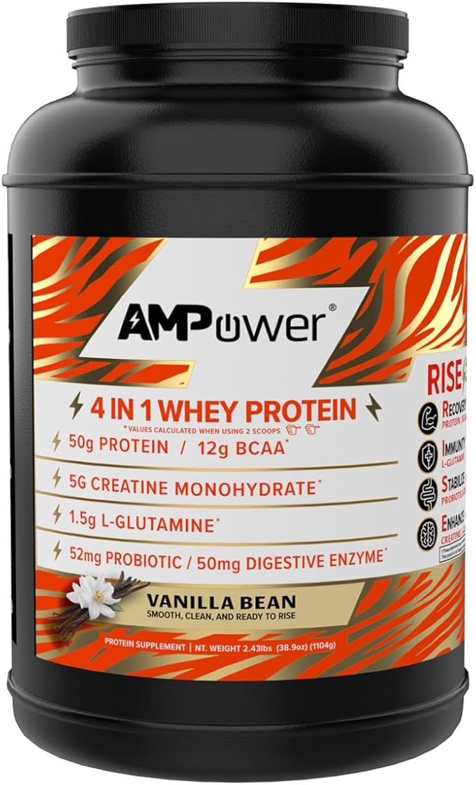 Vanilla Bean Whey Protein Powder | Scientifically-Designed Optimum Muscle Stack Gut Brain Immune | Protein BCAA Creatine L-Glutamine Probiotics Digestive Enzymes | 38.9oz