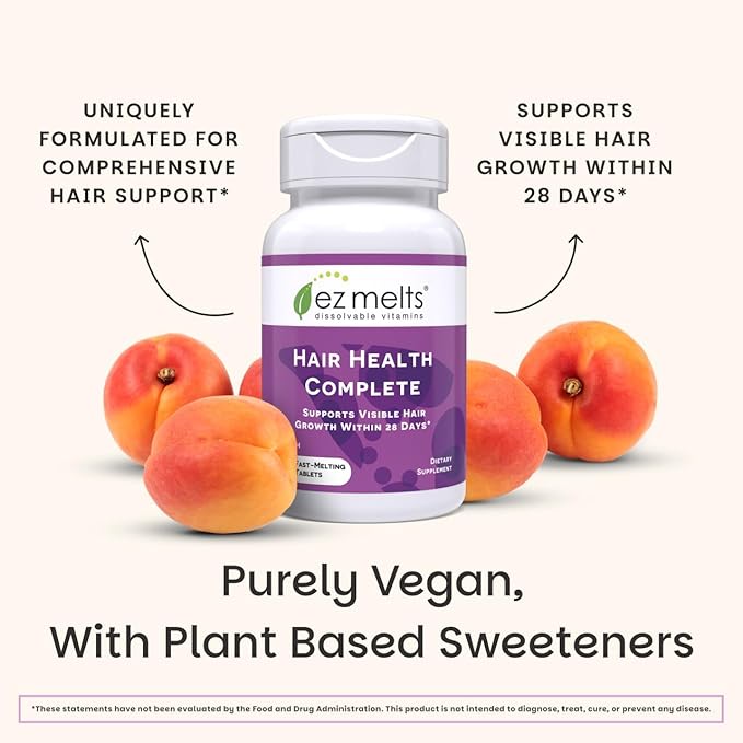 EZ Melts Hair Health Complete - Hair Supplement to Support Strength &amp Growth - Includes AnaGain Nu Biotin Apigenin Bambo Silica &amp More - 120 Sublingual Tablets (60 Servings)
