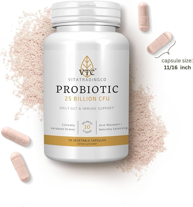 VTC VitaTradingCo. Probiotic 25 Billion CFU | 10 Clinically Validated Strains | Naturally Colonizing | Daily Gut Digestive &amp Immune Support | 50 Veggie Capsules