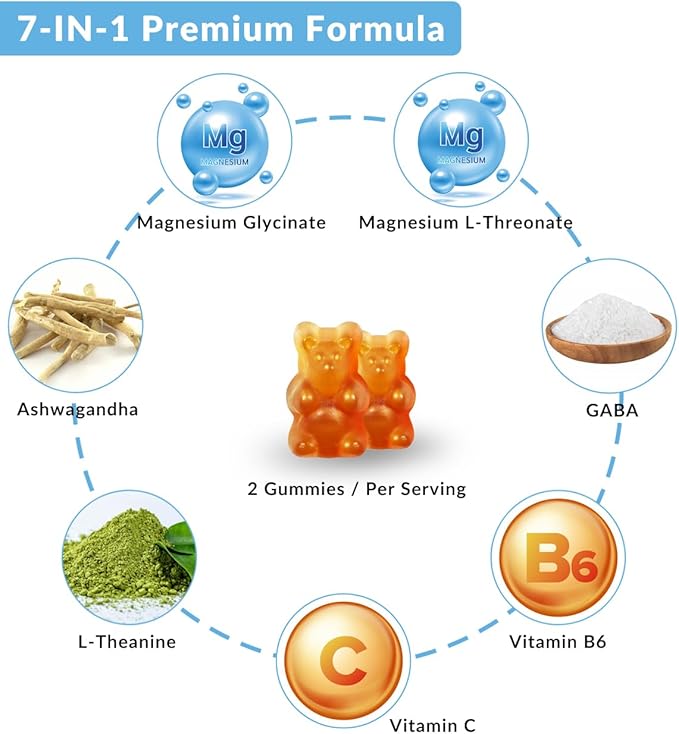 Sugar-Free Magnesium Glycinate Gummies with L-Threonate Magnesium Supplements for Women and Men with Ashwagandha L-Theanine GABA Vitamin C B6