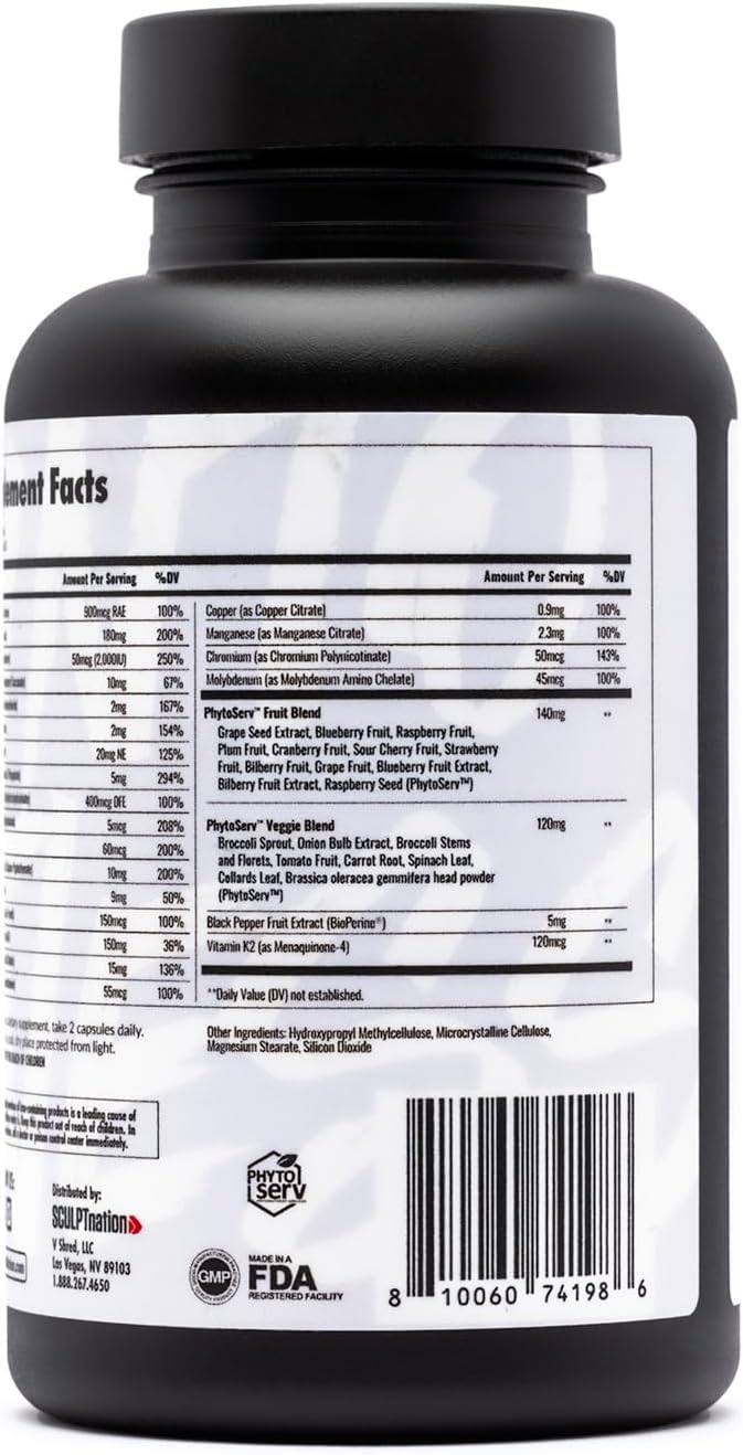 Sculpt Nation by V Shred Multivitamin - Daily Multivitamin for Women and Men with Zinc Vitamin C and Copper Nutritional Support with One Serving of Fruit and Veggies - 60 Capsules