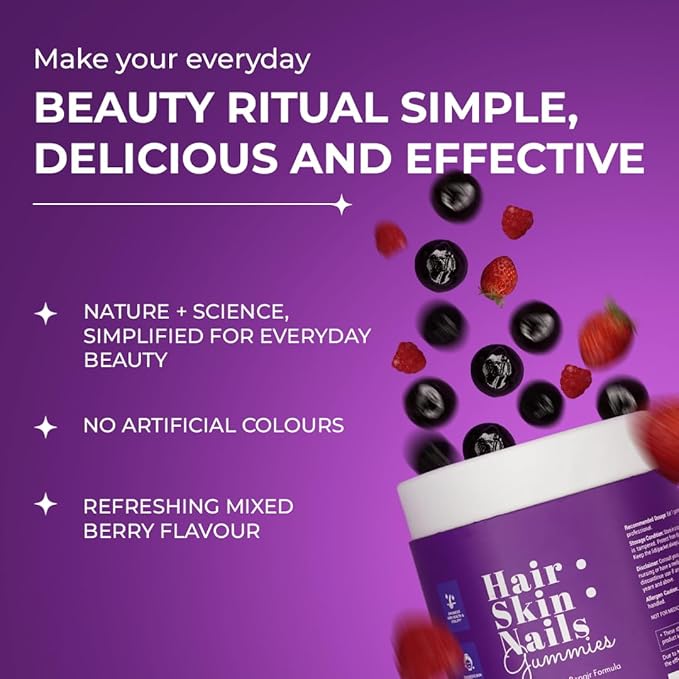 The Wellness Project 14-in-1 Hair Skin &amp Nails Gummies with 10000 mcg Biotin Keratin Hyaluronic &amp Folic Acid Vitamins A C B5 B6 &amp B12 &amp Sea Buckthorn | Tasty Mixed Berry Flavor