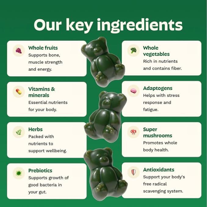 Gruns Adult Super Greens Multivitamin Gummies Superfood Gummy Vitamins for Women and Men with Spirulina Chlorella Adaptogens &amp Prebiotic Fiber for Digestive Health (28 Count) (Pack of 2)