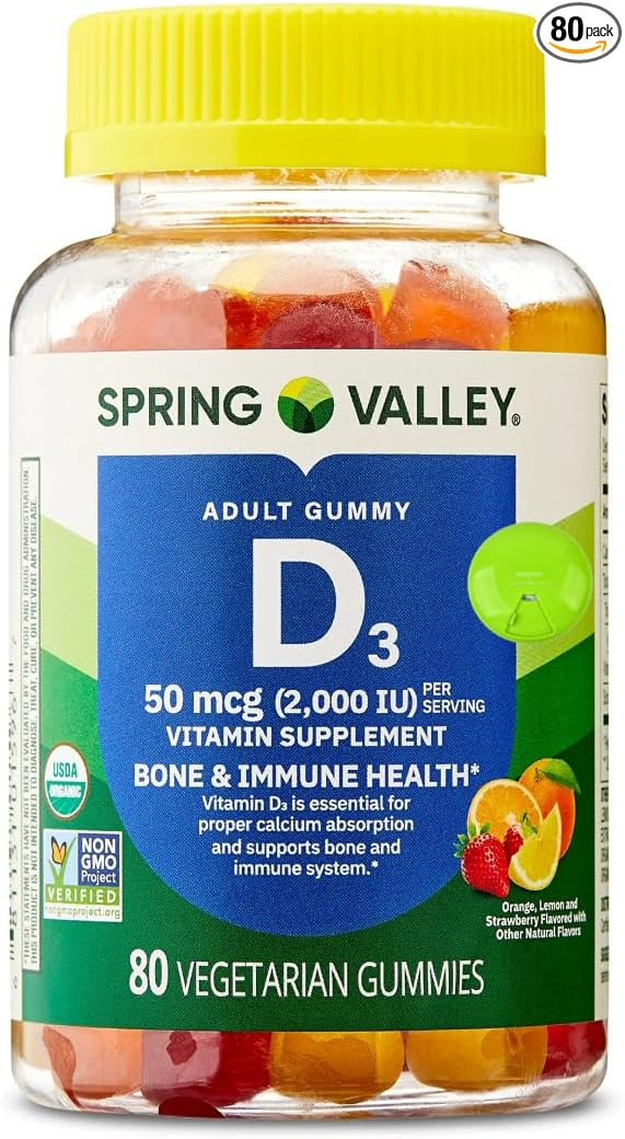 SUREFECT Spring Valley Vitamin D3 50 mcg (2000 IU) Gummies - 80 Count Supplement for Bone and Immune Support Assorted Flavors Organizer