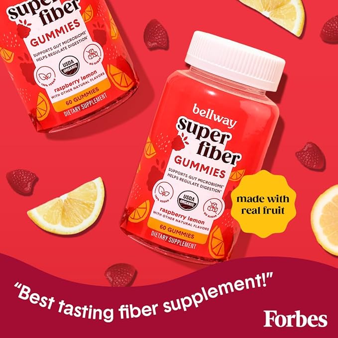 Bellway Super Fiber Gummies for Adults - Sugar Free Organic Fiber Supplement Gummies with 4g of Fiber per Serving - Prebiotic Chicory Root Fiber for Digestive Gut Health Raspberry Lemon 60 Count