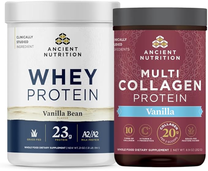 Ancient Nutrition Grass-fed Whey Protein Powder Vanilla Bean 20 Servings + Multi Collagen Peptides Protein Powder Vanilla 24 Servings