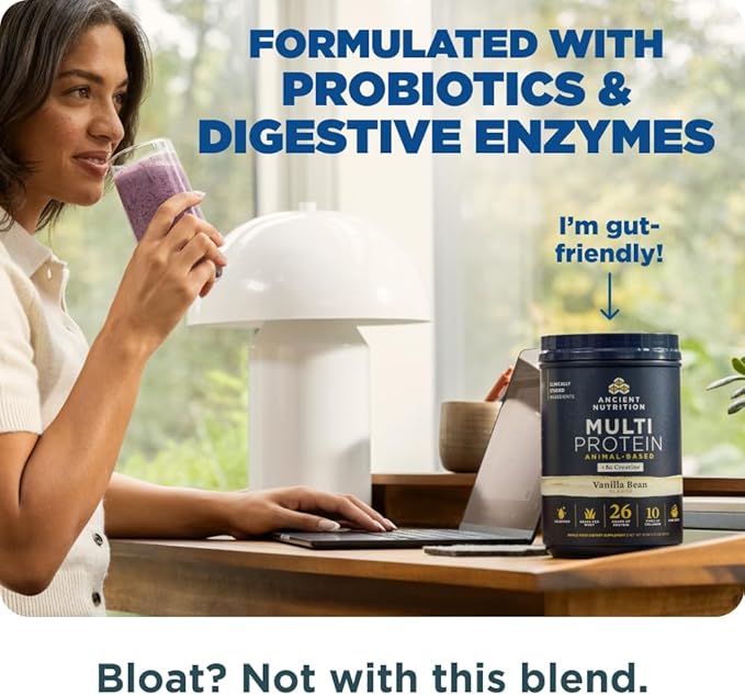 Ancient Nutrition Multi Protein Animal Based Powder + Creatine 26g Protein Grass Fed Whey Bone Broth Collagen Peptides 5g Creatine Monohydrate Colostrum &amp Probiotics Vanilla Bean 15 Servin