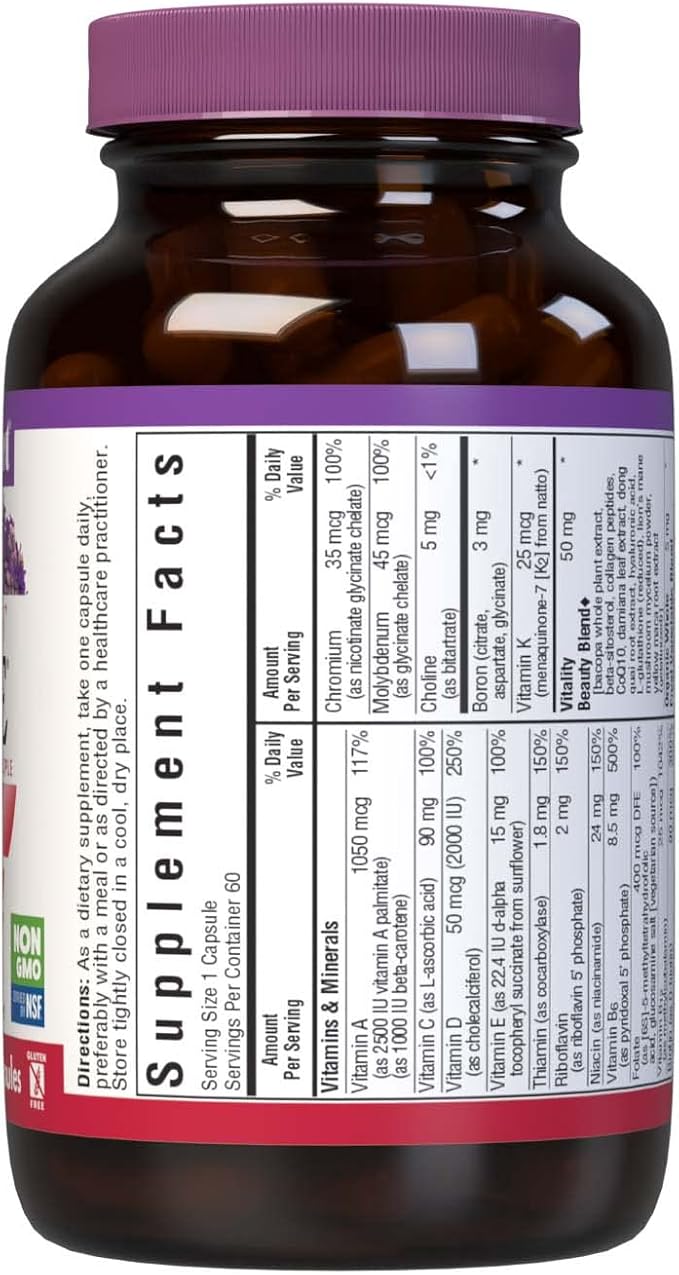 Bluebonnet Nutrition Ladies’ ONE 40+ Whole Food-Bed Multiple Women Multivitamin for Women 40+ Soy-Free Non-GMO Gluten Free 60 Vegetable Capsules 60 Servings