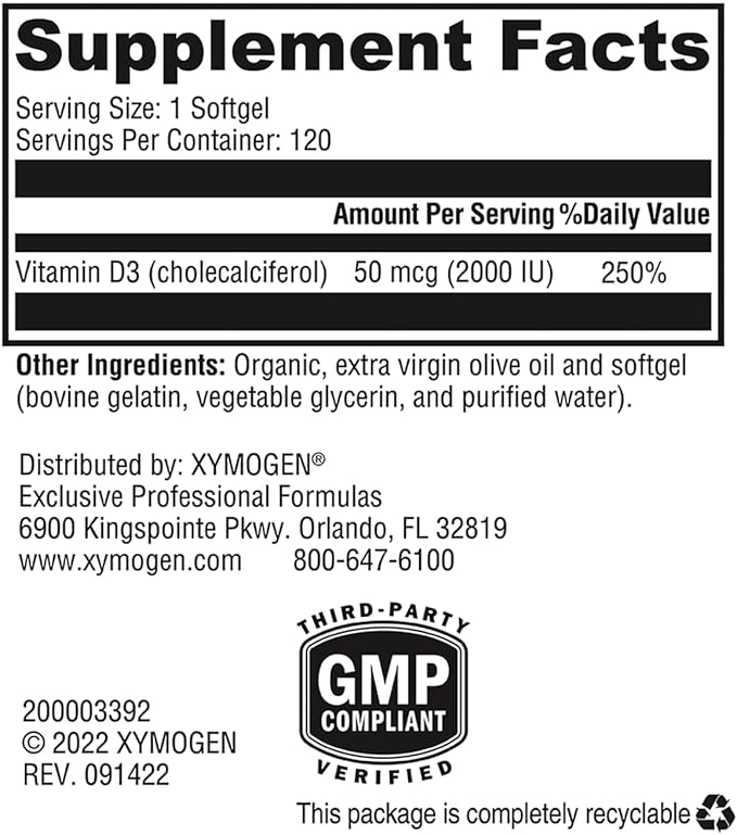 XYMOGEN D3 2000 - Bioavailable Vitamin D3 2000 IU (50 mcg) - High Potency Vitamin D Supplement to Support Immune Health Bone + Heart Health (120 Gelatin Softgels)