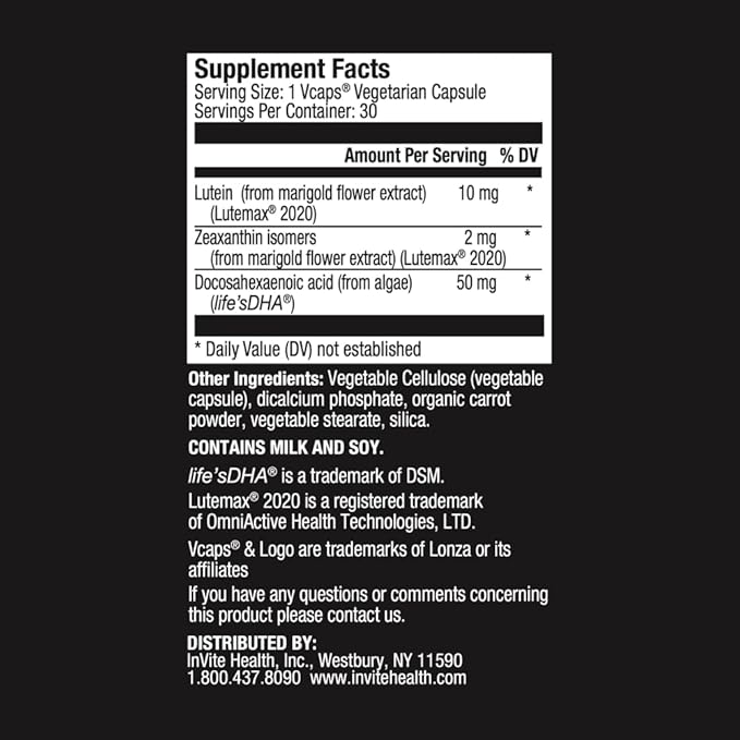 Invite Health Lutein Plus Hx® - Support for Macular and Overall Vision Health - Provides Lutein 10 mg Zeaxanthin 2 mg and DHA 50 mg - 30 Vegetarian Capsules (2-Pack)