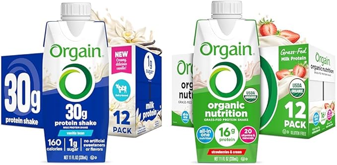 Bundle of Orgain 30g High Protein Shake Vanilla Bean 5g BCAAs 11 Fl Oz + Orgain Organic Nutritional Protein Shake Strawberries &amp Cream 16g Grass Fed Whey Protein 11 Fl Oz 12 Pack Each