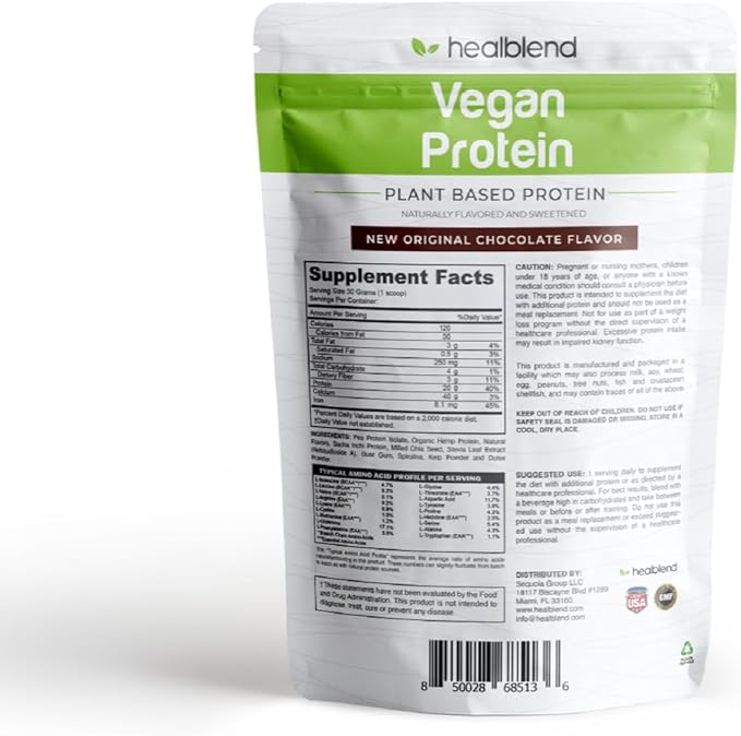 healblend Plant-Based Protein Powder Vegan Dietary Supplement - Gluten-Free Non-GMO Erythritol-Free Soy-Free Dairy-Free Pea Protein for Women and Men
