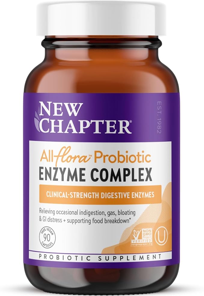 New Chapter All-Flora Enzyme Complex with Probiotics Relieves Bloating &amp Gas - Clinical-Strength Digestive Enzymes + Ultra-Concentrated Probiotics + Fermented Vitamin B12 90 Vegan Capsules