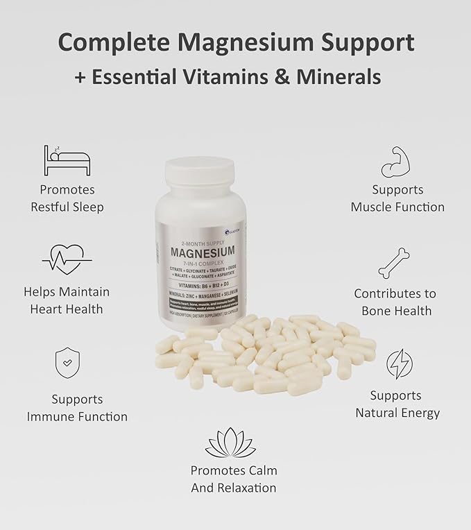 High Absorption Magnesium Complex Supplement 444mg 120Cap | 7 Forms Citrate Glycinate Malate Aspartate Taurate Gluconate Oxide + B6 B12 D3 Zinc Selenium Manganese | Stress Sleep Calm Muscle Heart