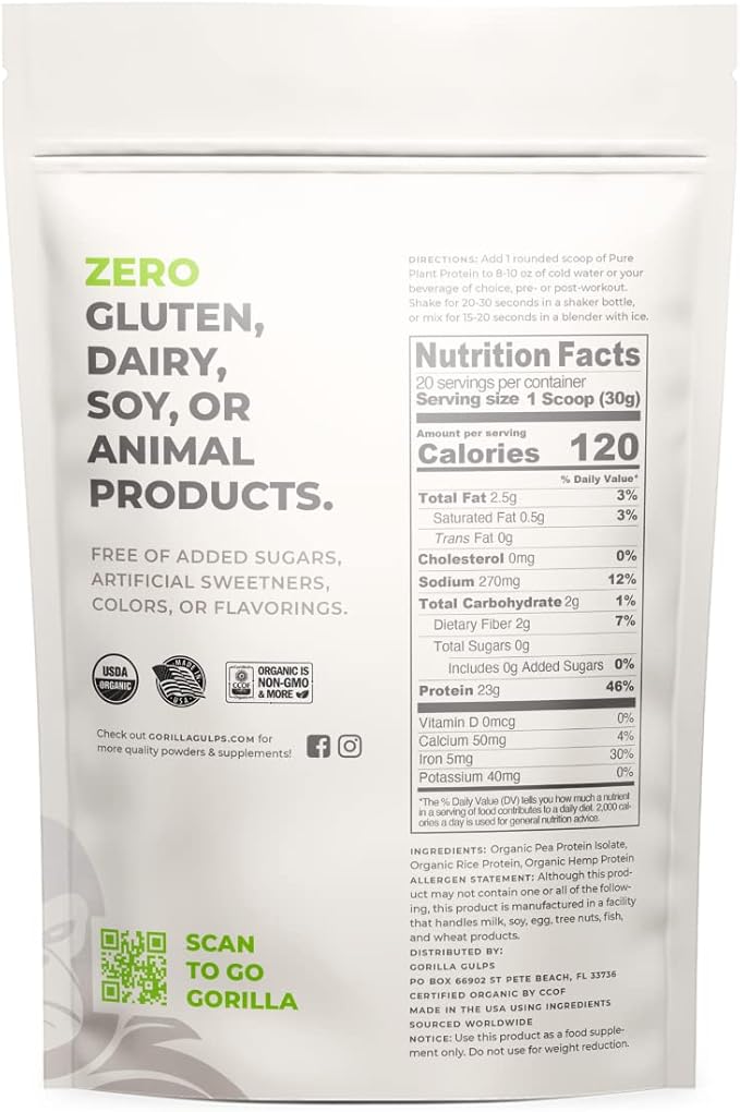Gorilla Gulps 100% Organic Pure Plant Protein Powder | USDA Certified | Organic Protein Powder | Vegan | Non-GMO | Sugar Soy Dairy &amp Gluten Free | 20 Servings - Unflavored