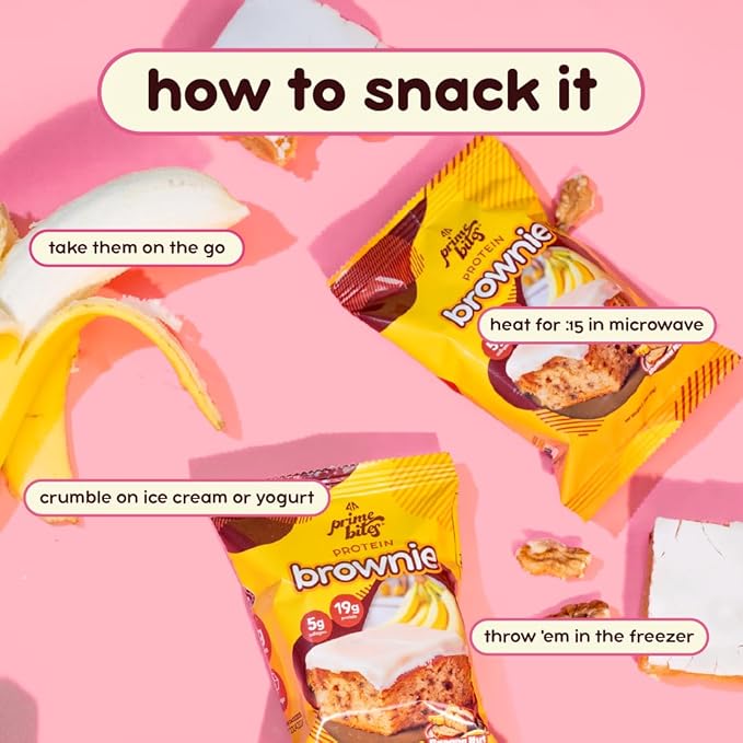 Prime Bites High Protein Brownie (12 Per Box Banana Nut) - 19g of Protein 5g of Collagen Gluten Free Low Sugar Treat Delicious Protein Snack