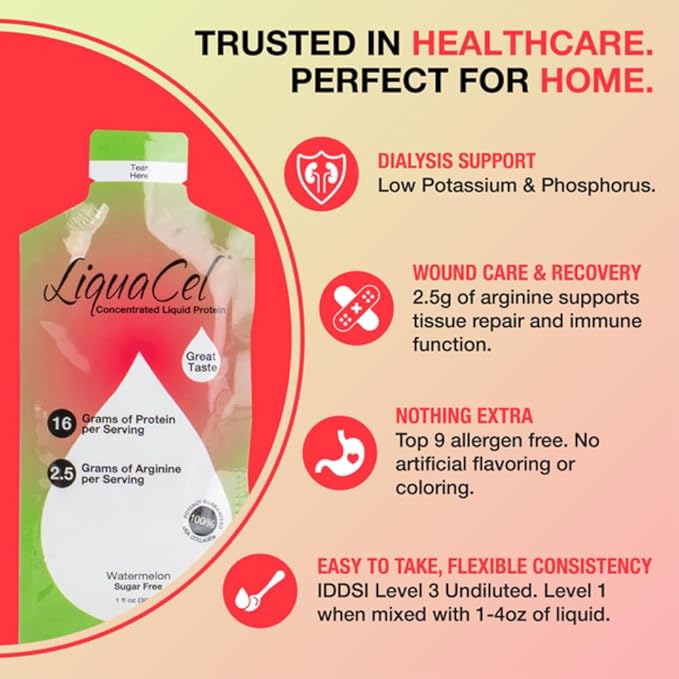 LiquaCel Concentrated Liquid Protein Watermelon Flavor 16g Hydrolyzed Collagen Protein and 2.5g Arginine Per Single-Serving Packet Sugar &amp Gluten Free 1fl oz Packets 30 Pack