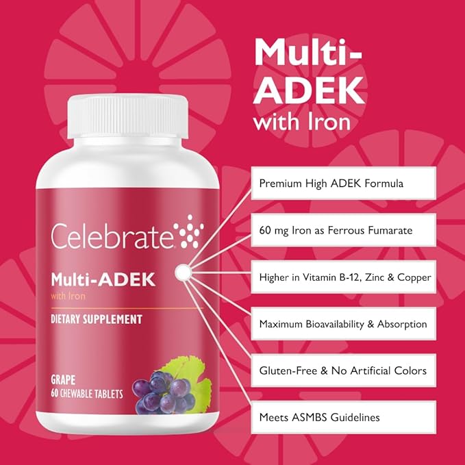 Celebrate Vitamins Multi ADEK Chewables 60mg Iron - Daily Bariatric Multivitamin Vitamins A D E K &amp B12 for Duodenal Switch Surgery Patients - Grape (60 Tablets)