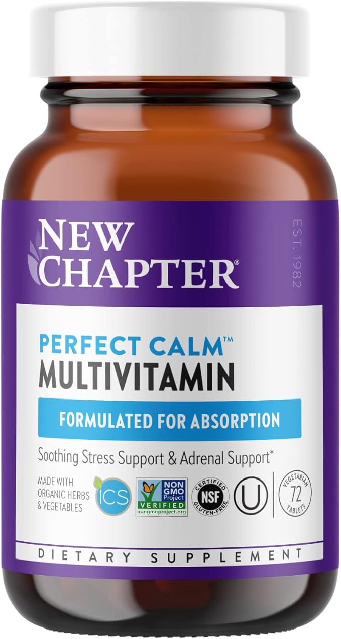 New Chapter Calming Supplement -Perfect Calm Multivitamin for Stress + Mood Support with B Vitamins + Holy + Lemon Balm + Organic Non-GMO Ingredients Basil 72 Count (Pack of 1)