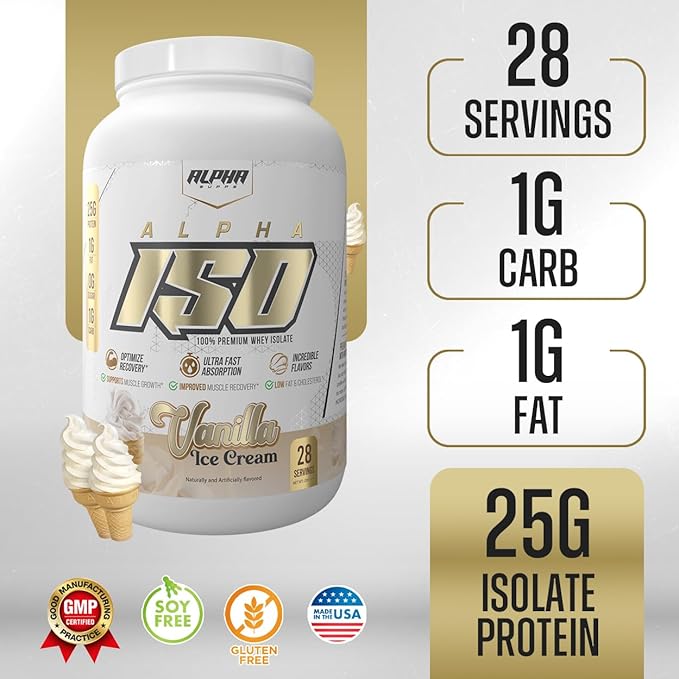 Alpha Supps ISO Low Carb 100% Whey Protein Isolate Powder 25 Grams Per Serving Helps Support Muscle Growth Low Sugar and Gluten Free (Vanilla Ice Cream 2 lb)